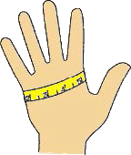 hand with measuring tape wrapped around at the base of the pointer finger and about halfway down the outside of the hand