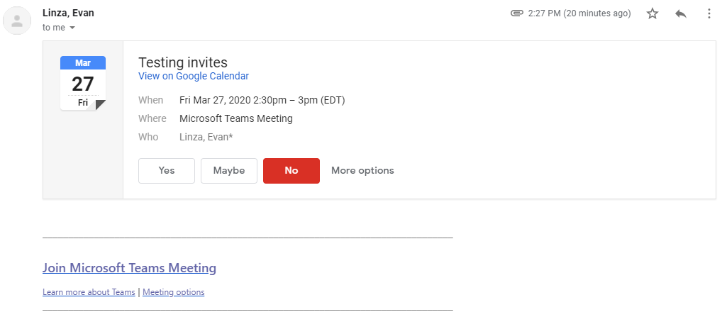 Example of a Teams meeting invite in Gmail