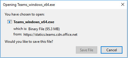 Opening Teams_windows_x64.exe windows prompt to save the file