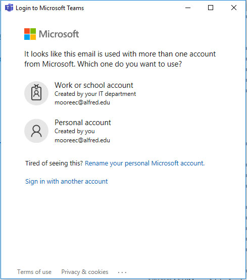 Login to Microsoft Teams window. Choose Work or school account.