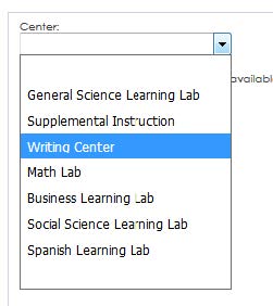 example of drop down bar containing writing center as an option