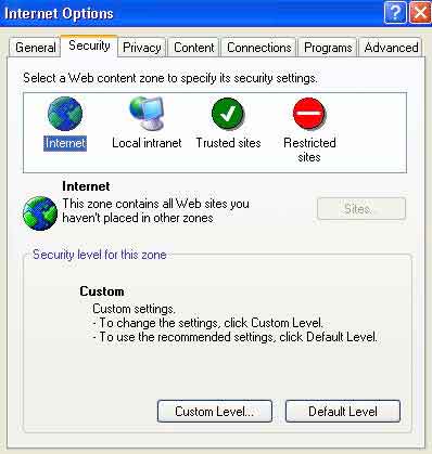 Picture of internet options window with the security tab shown and internet being selected