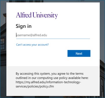 AU Microsoft sign in page