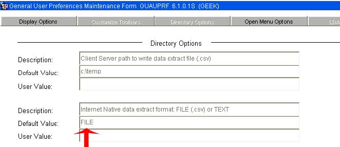 Picture of the General user preferences maintenance form open with an arrow pointing at the default calue field filled with FILE