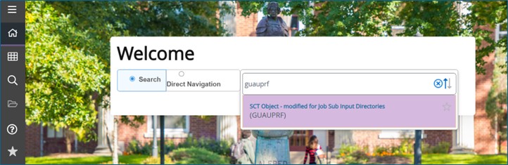 The Banner dashboard search field with GUARPRF entered
