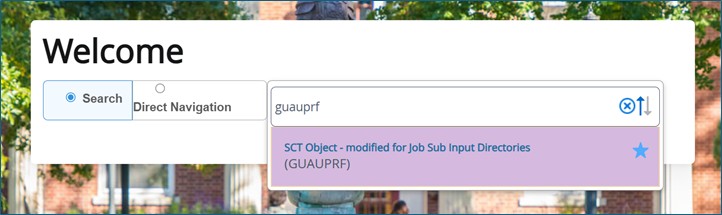 The Banner dashboard search field with GUAUPRF entered, and selected as a favorite