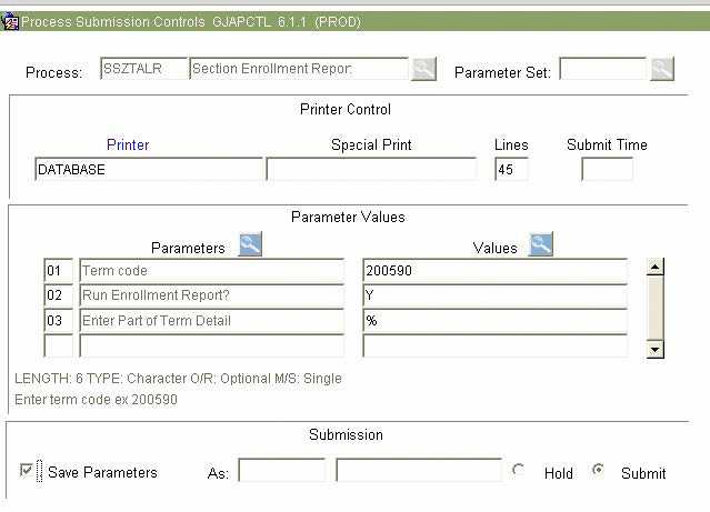 Printer Submission Controls window with save parameters checked