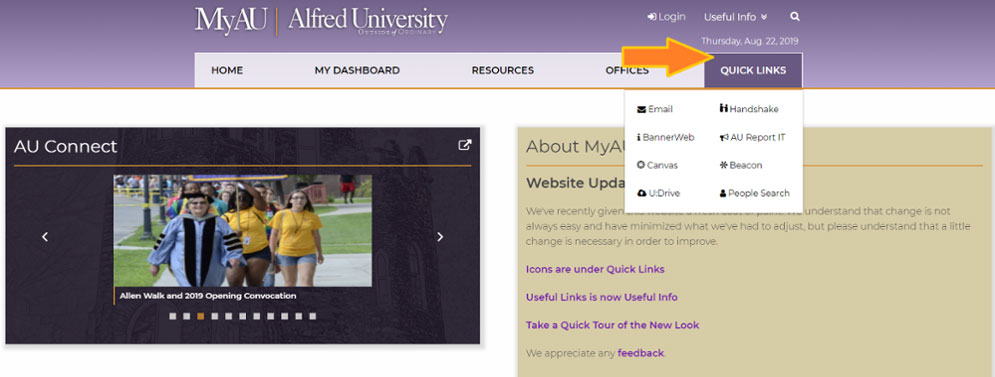 Homepage of the MyAU website with the quick links menu open
