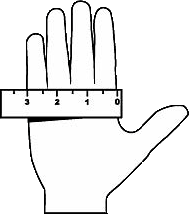 hand with measuring tape wrapped around the palm at the base of the pointer and pinky finger