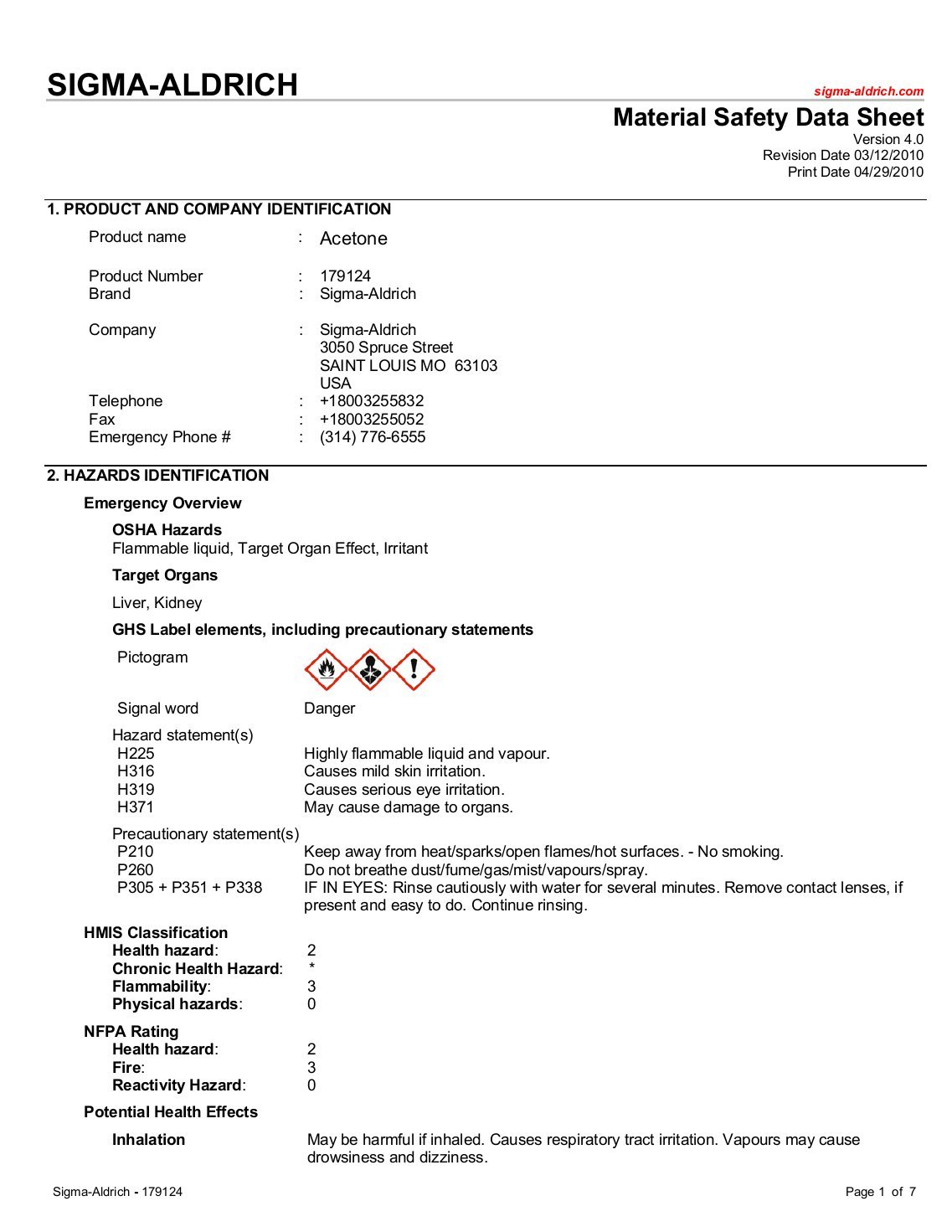 This image depicts a sample Safety Data Sheet for the company Sigma-Aldrich