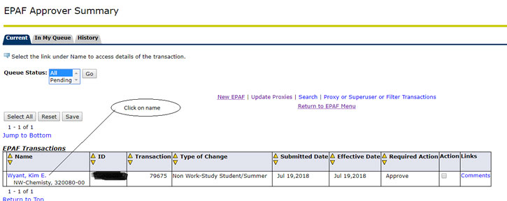 EPAF Approver Summary with name section circled