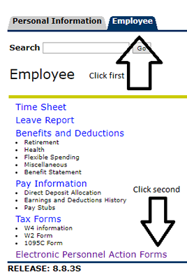 bannerweb page with arrows pointing at 'employee' and 'electronic personnel action forms'
