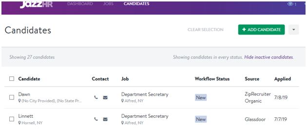 JazzHR dashboard with arrow pointing at 'candidates'