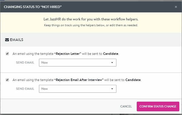 menu showing options when rejecting a candidate