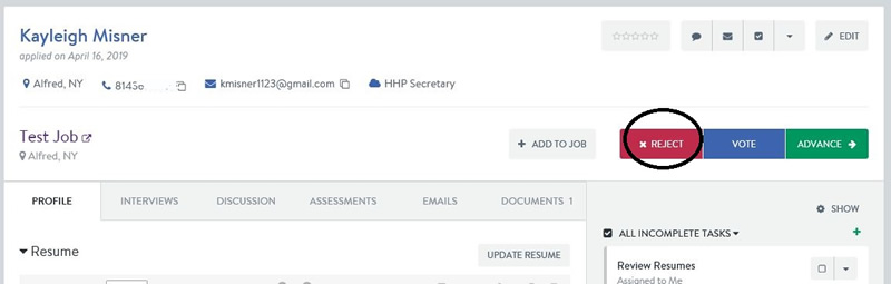 employee profile with 'reject' circled