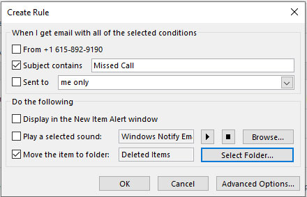 Create rule popup with "Subject contains" checkmarked and "Missed Call" typed into the form field next to it. Checkmark "Move the item to folder" and select "Deleted Items"