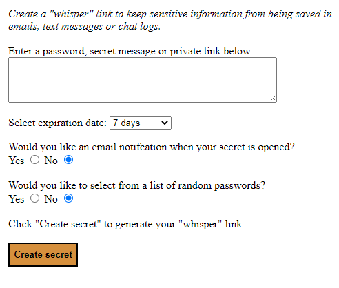Screenshot of the Whisper page showing all the options to create a secret