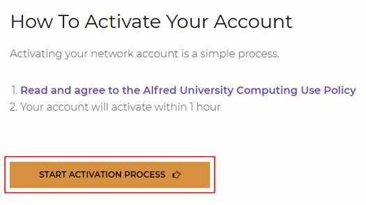 Bottom of the New Student Account & Email Activation page with the Start Activation Process button highlighted