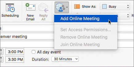 Dropdown in outlook with the cursor over the Add Online Meeting option