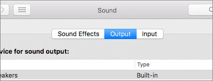 Sound output window in system preferences