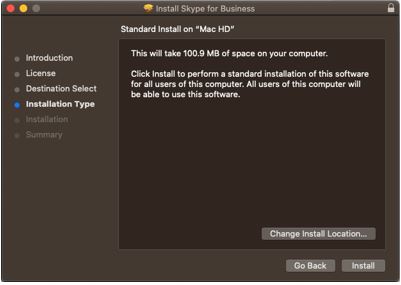 Installation type screen for skype installer