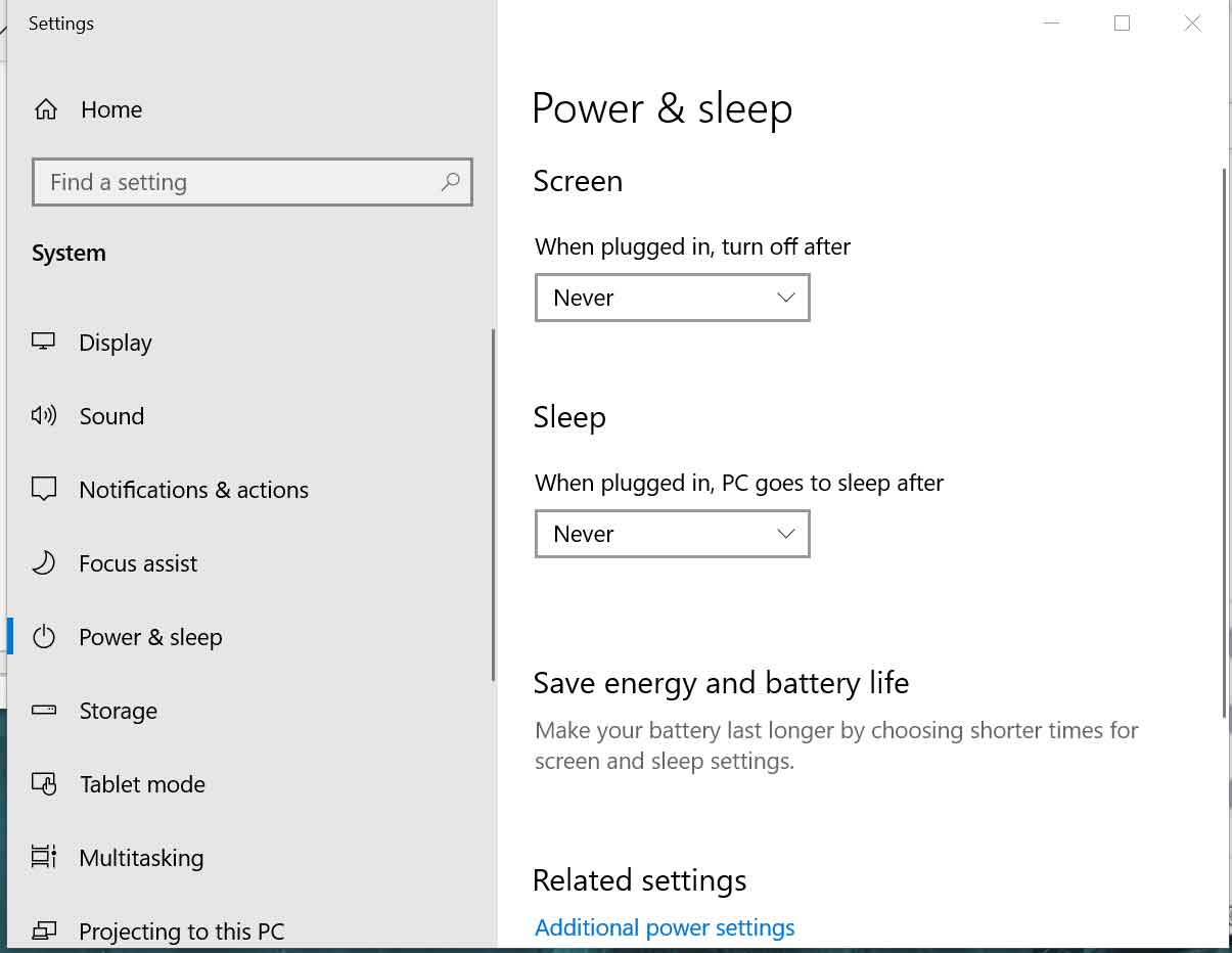 Power & Sleep Settings screen shot