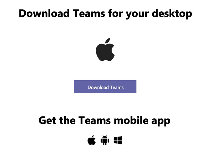 Download Teams webpage with the download button