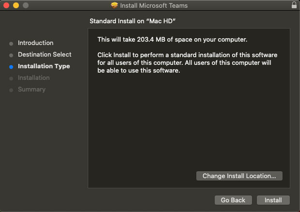 Teams Installation type page on the installer