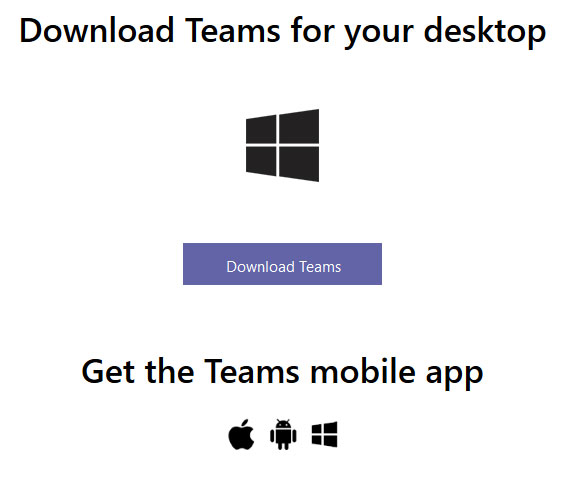 Download Teams for your desktop and Get the Teams mobile app prompt on the microsoft webpage