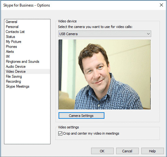 Skypre for Business Video Device preferences in the options menu