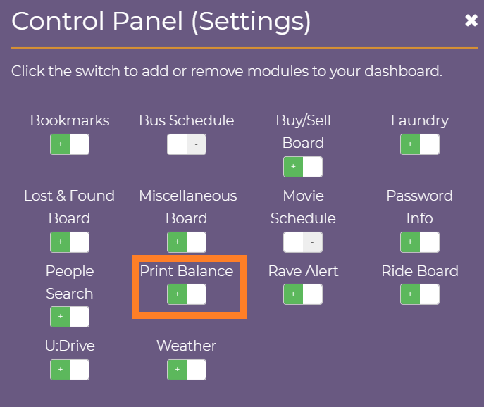 screenshot of control panel modules with an arrow pointing at print balance