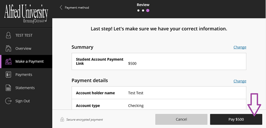 The student reviews the payment details to make sure everything is correct before confirming the payment.