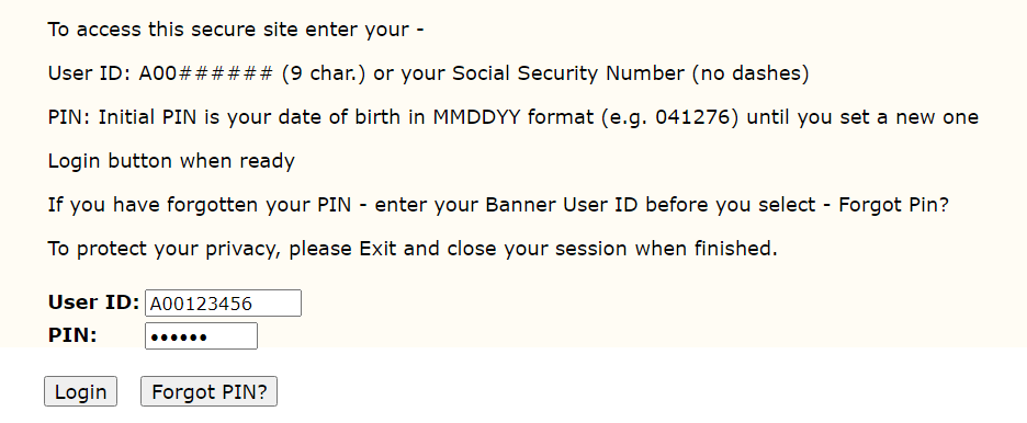 BannerWeb Login using User ID and PIN