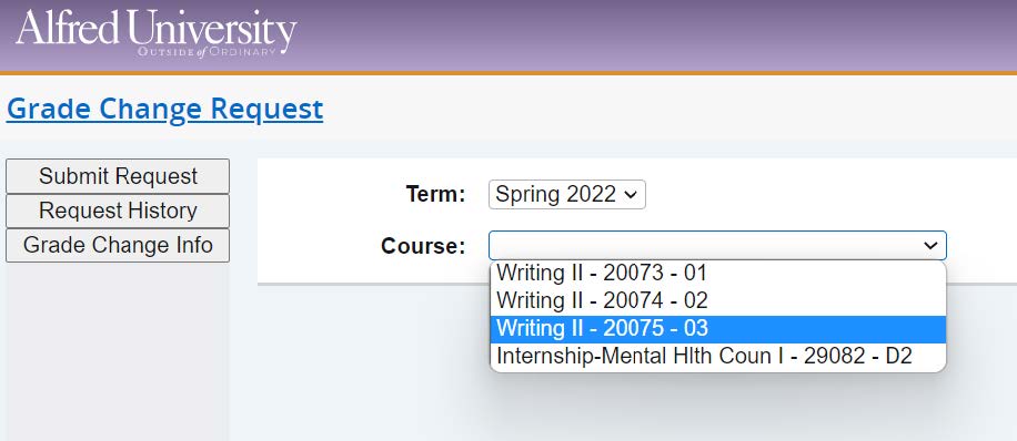screenshot showing course dropdown options