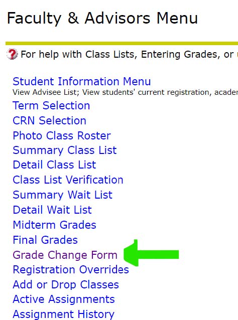 screenshot in bannerweb showing the grade change form link further down in list of links