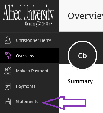 main directory of Alfred University's payment website with an arrow indicating the statement link